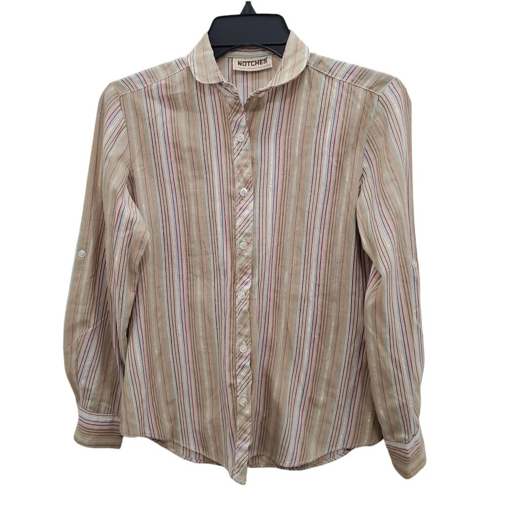 Notches Women's Vintage 1970s Beige‎ Gold Metallic Stripe Roll Tab Button Up M